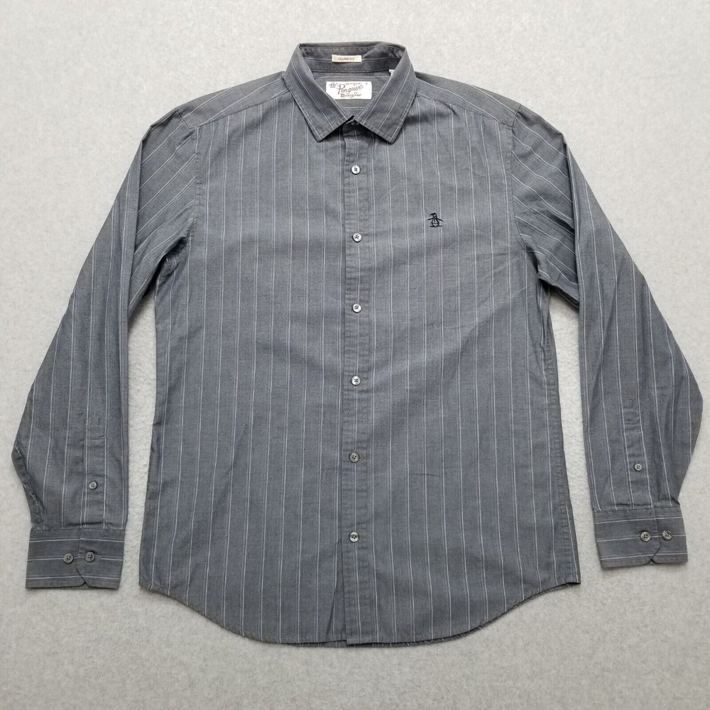 Penguin Shirt Mens Medium Gray Striped Casual Button Down Long Sleeve